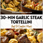 Skillet with garlic steak bites, cheese tortellini, and creamy sauce for a quick steak dinner.
